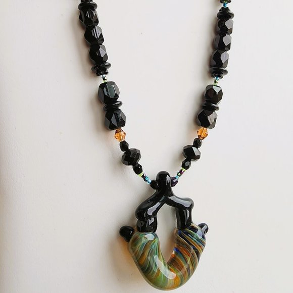 One of Kind Necklace with One of Kind Lampwould Center Bead - Picture 1 of 2